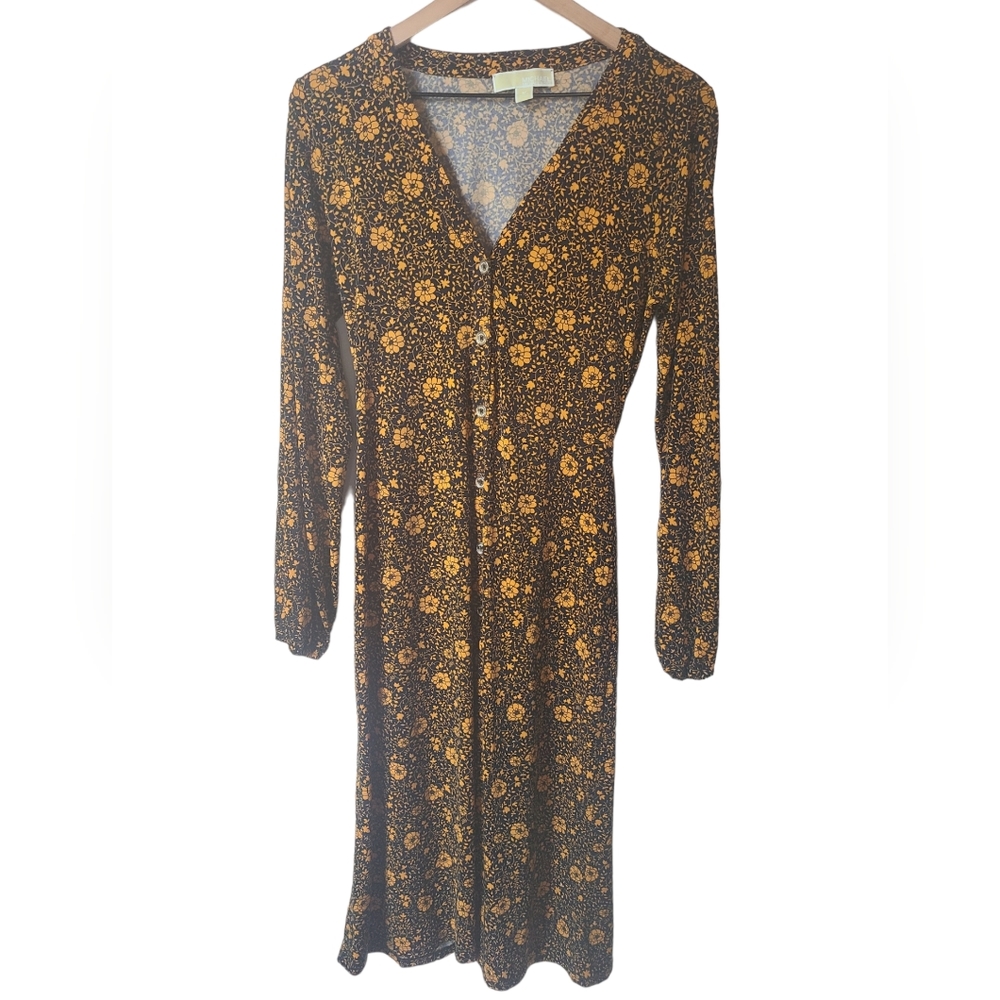 Michael Michael Kors Orange and Black Floral Casual Belted Dress Size Medium